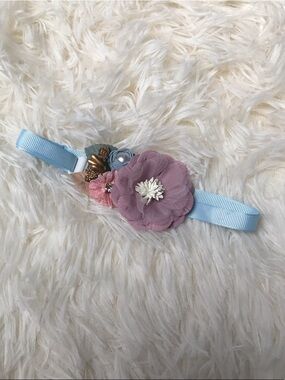 Floral Pet Necklace with Dusty Lavender Flower and Light Blue Band